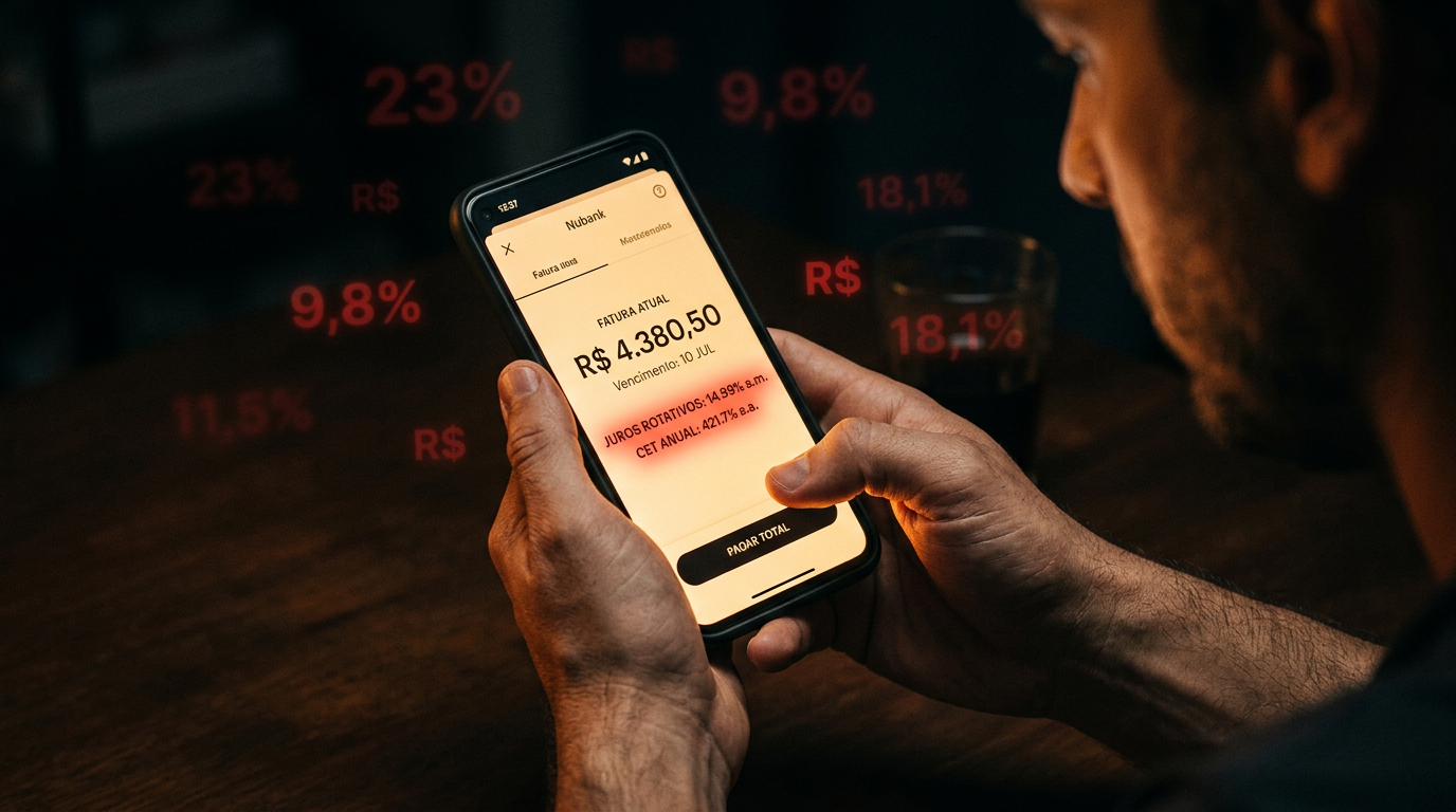 Pessoa segurando smartphone com app Nubank aberto mostrando fatura e CET destacado, iluminação dramática de decisão financeira