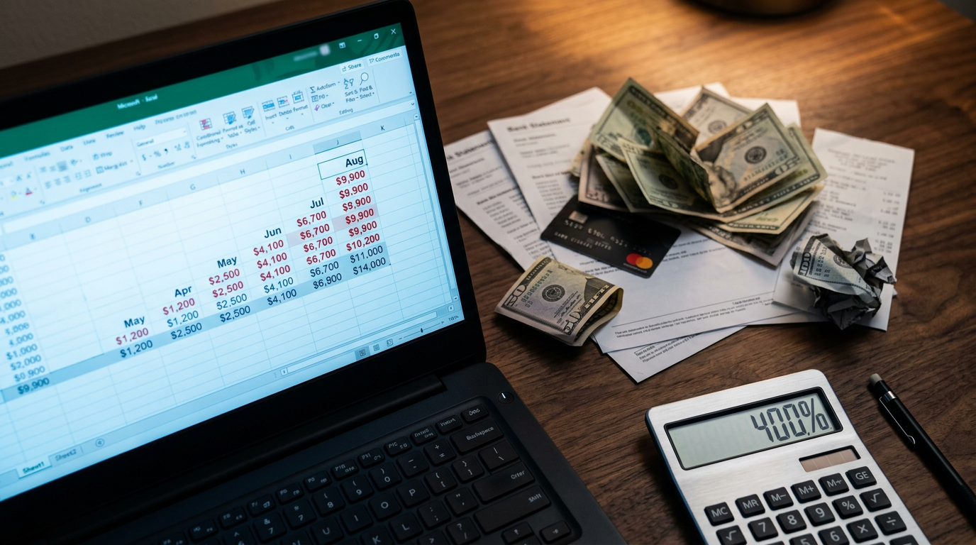 calcular juros rotativos do cartão com exemplo excel 2026, notebook com planilha financeira, cartão preto e calculadora sobre mesa
