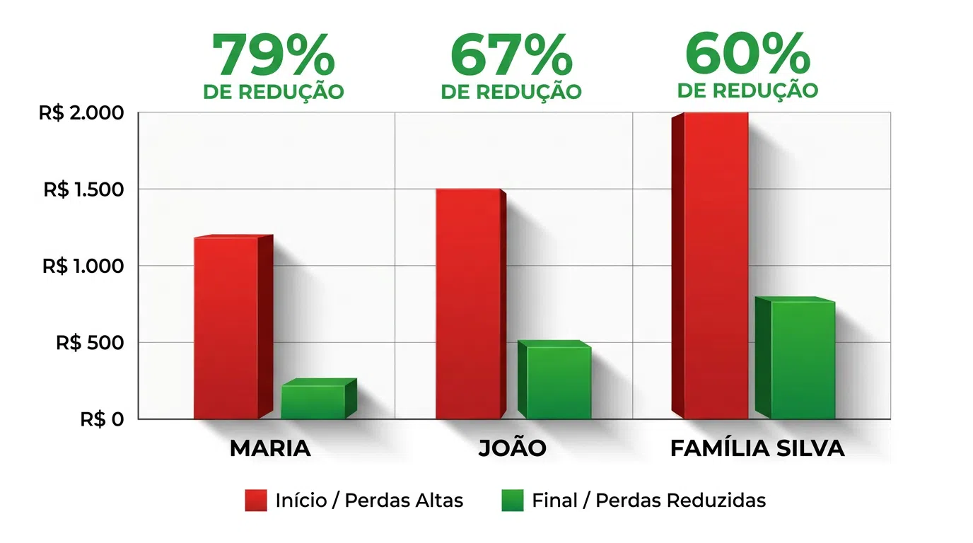 Gráfico comparativo mostrando redução de média de perda financeira em casos reais de auditoria de extrato