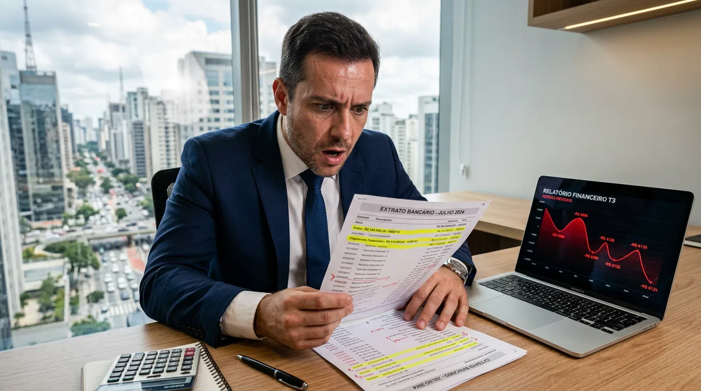 Profissional analisando extrato bancário para calcular perda financeira e identificar taxas ocultas