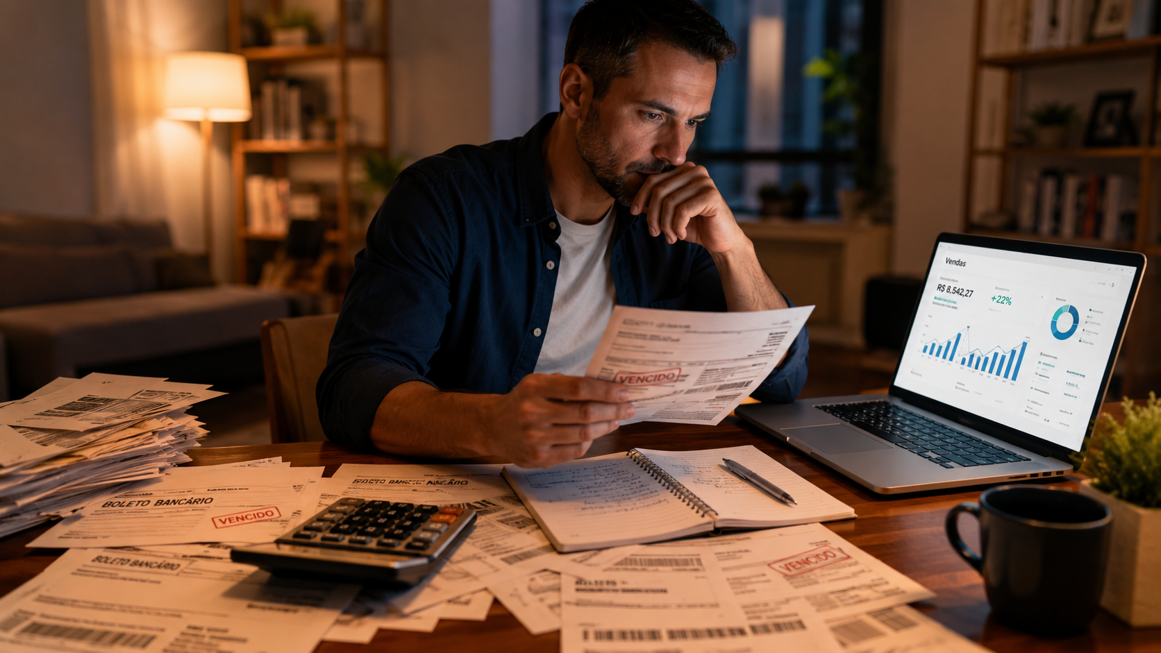 Pessoa criando estratégia de como criar um produto digital para sair das dívidas utilizando notebook e planejamento financeiro.