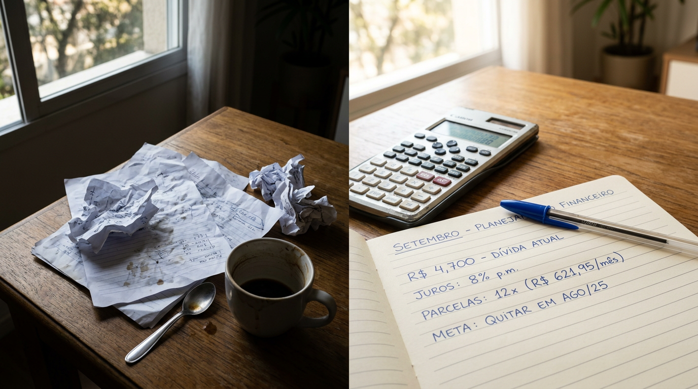 Mesa de madeira com calculadora e caderno organizado contrastando com papéis amassados, representando como parar de se sentir culpado por estar endividado.
