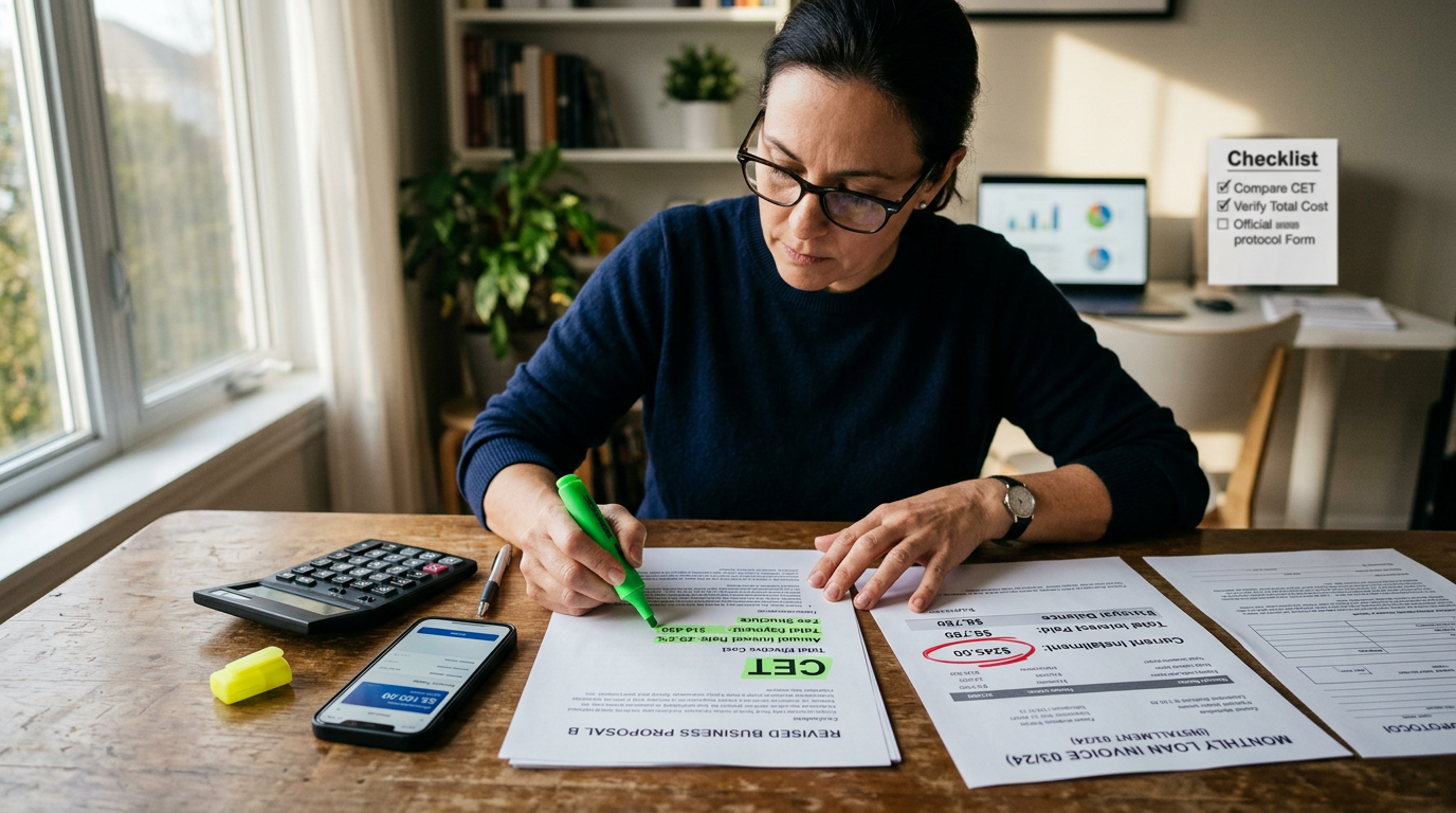 Mãos comparando propostas na mesa mostram como reduzir o CET na renegociação do cartão de crédito com foco em custo total.