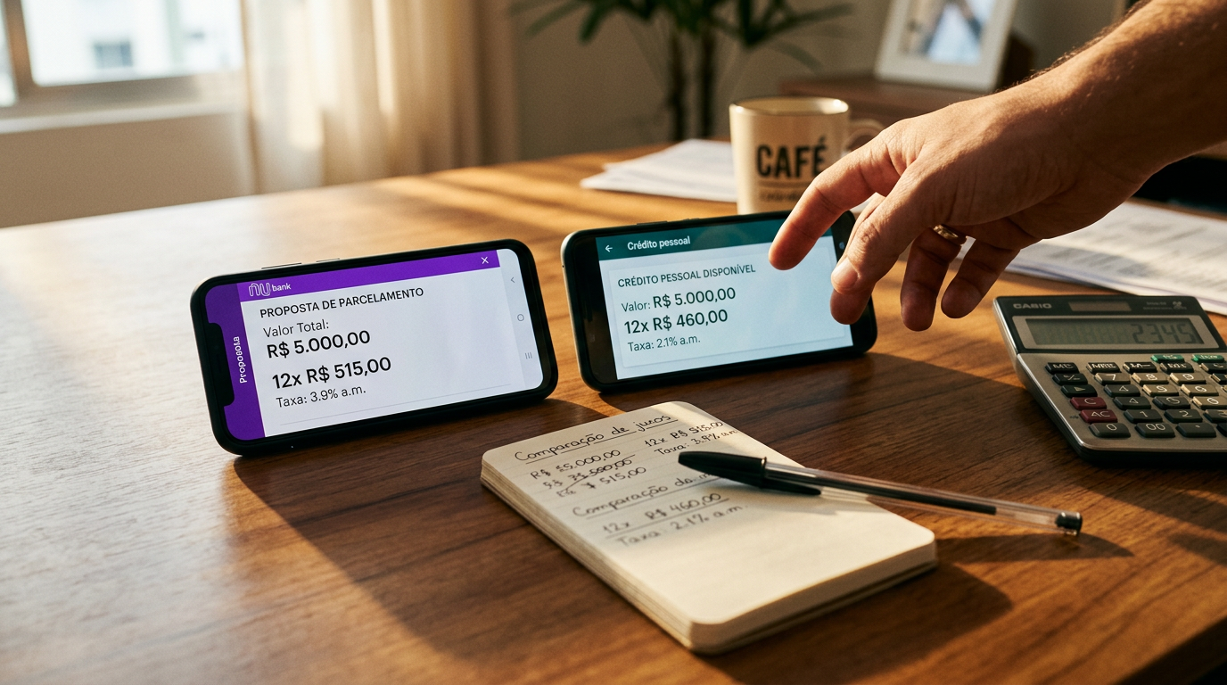 Dois smartphones lado a lado comparando proposta Nubank com crédito pessoal, caderno e calculadora, decisão financeira consciente