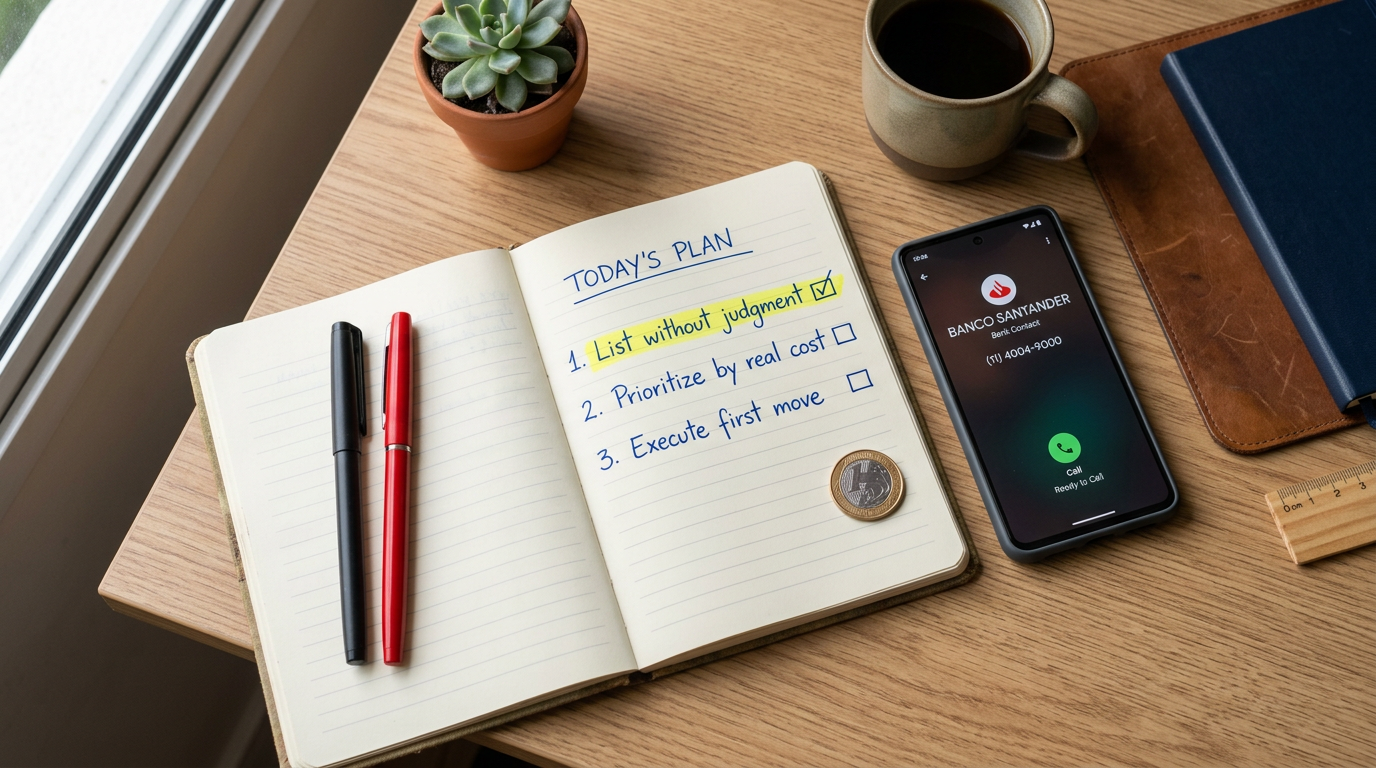 Planner com checklist de três passos para sair da culpa financeira, smartphone e canetas sobre mesa, representando transformar em ação prática.