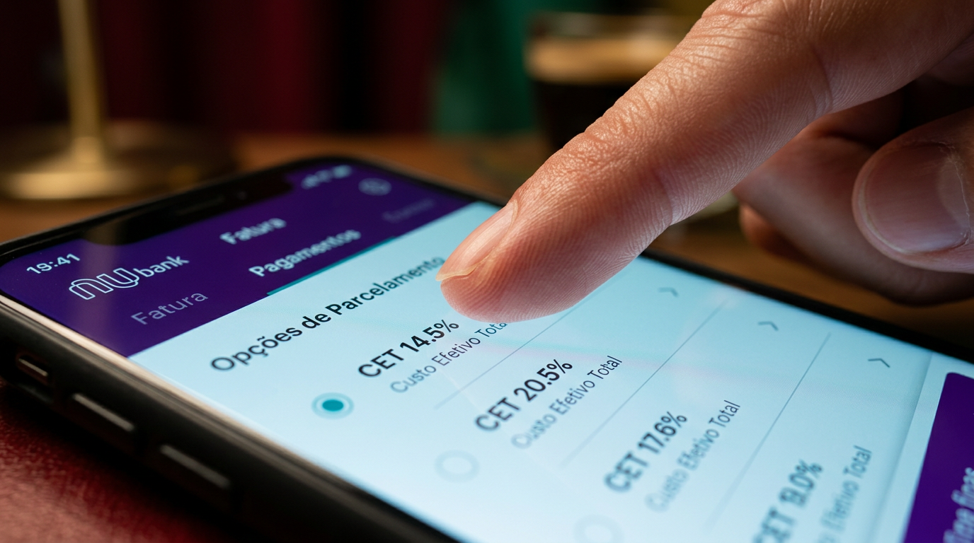 Macro close-up de dedo tocando app Nubank mostrando CET circulado em vermelho nos detalhes do parcelamento