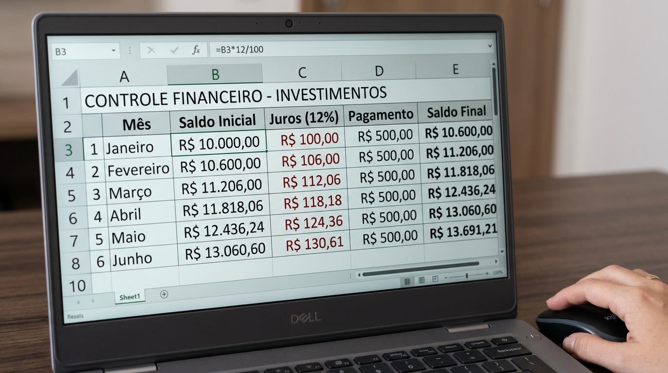 planilha excel para calcular juros rotativos do cartão com exemplo 2026, colunas de saldo juros e pagamento visíveis na tela