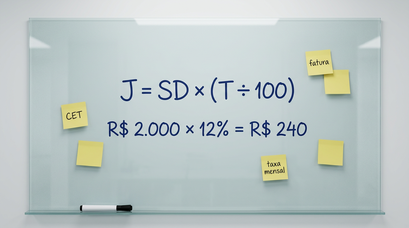 fórmula para calcular juros rotativos do cartão de crédito, quadro branco com cálculo matemático e exemplo numérico resolvido