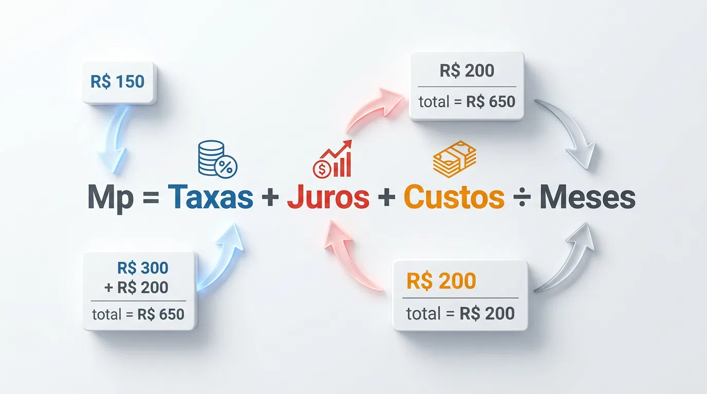Infográfico da Fórmula Mp mostrando cálculo de média de perda financeira com taxas, juros e custos