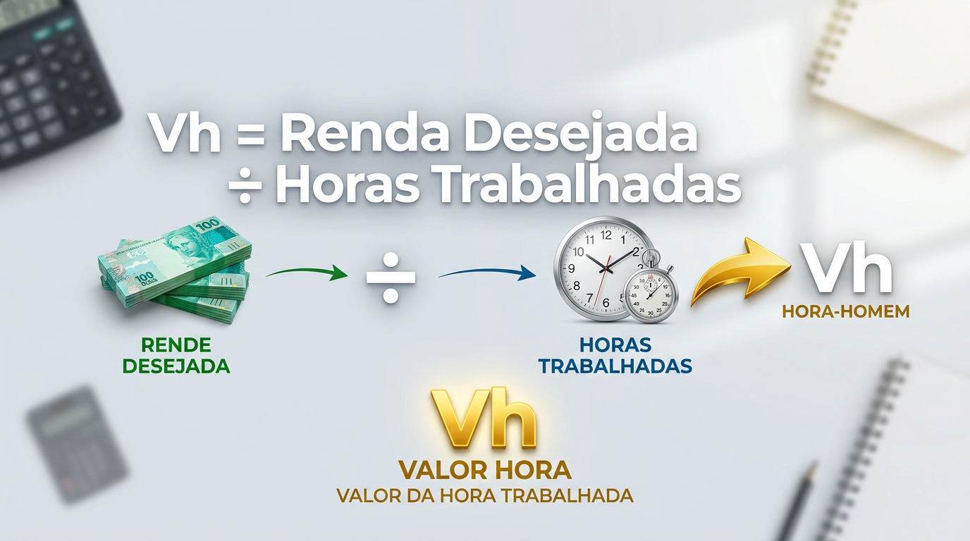 Fórmula para calcular valor hora: renda mensal desejada dividida pelas horas trabalhadas