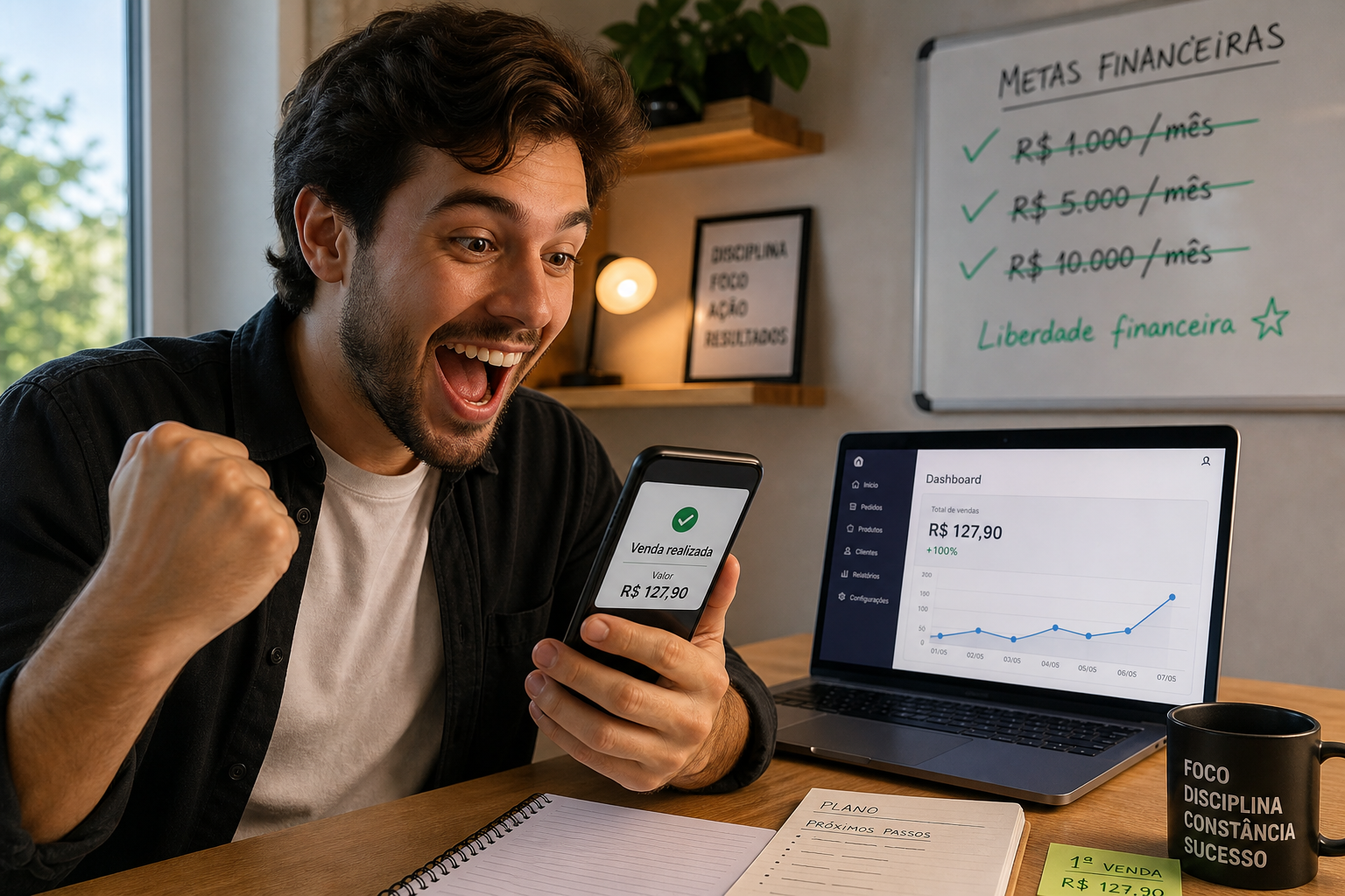 Empreendedor realizando primeira venda após aplicar estratégia de produto digital para gerar renda extra.